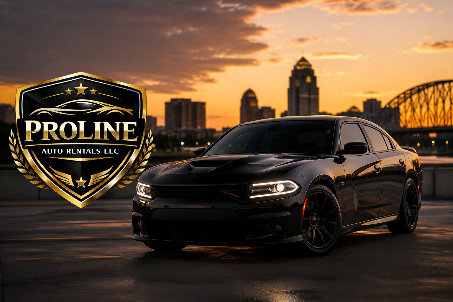 ProLine Auto Rentals black Dodge Charger at sunset
